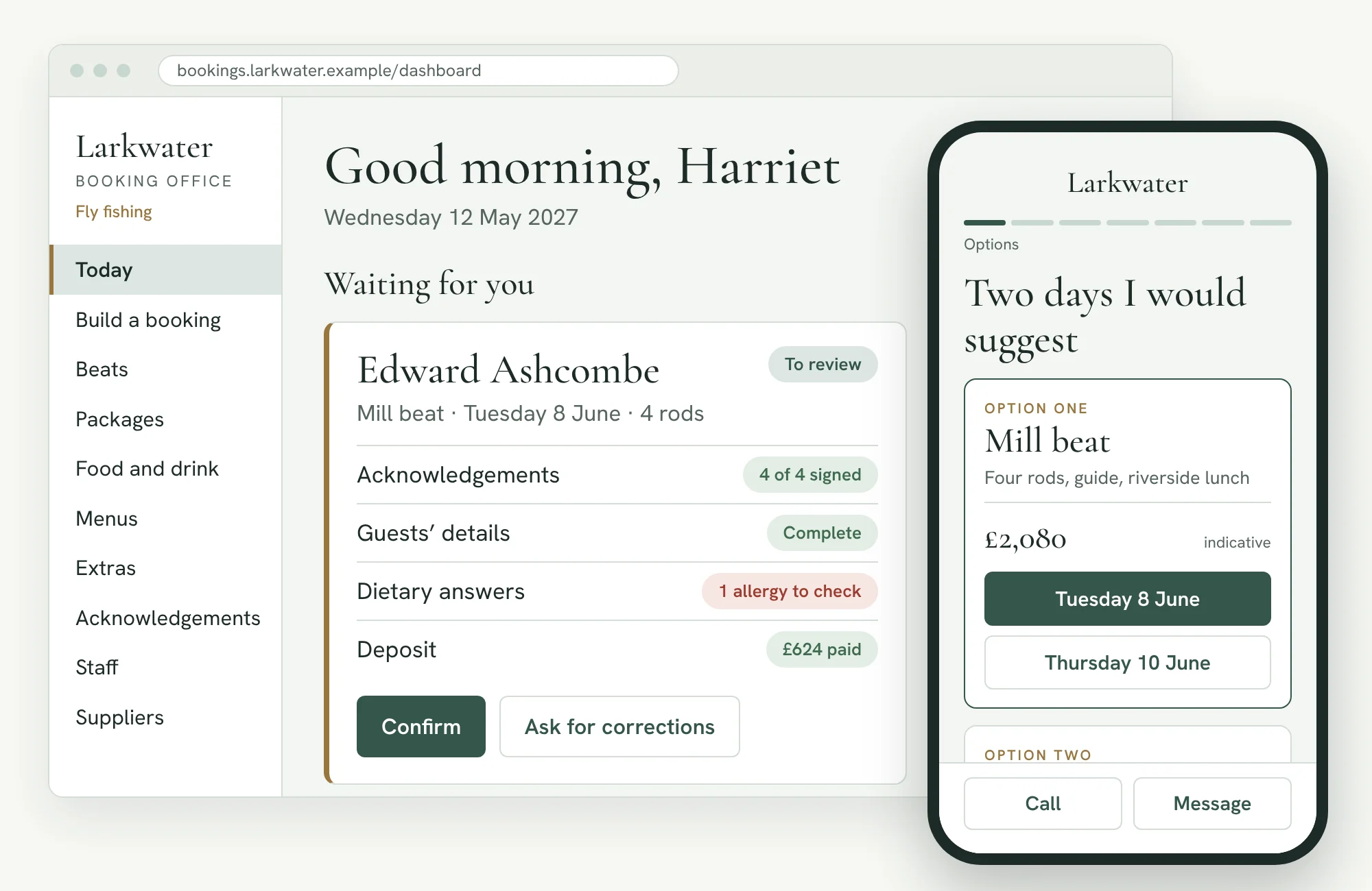 The Booking Office: owner dashboard with a booking awaiting sign-off, and the client booking page on a phone
