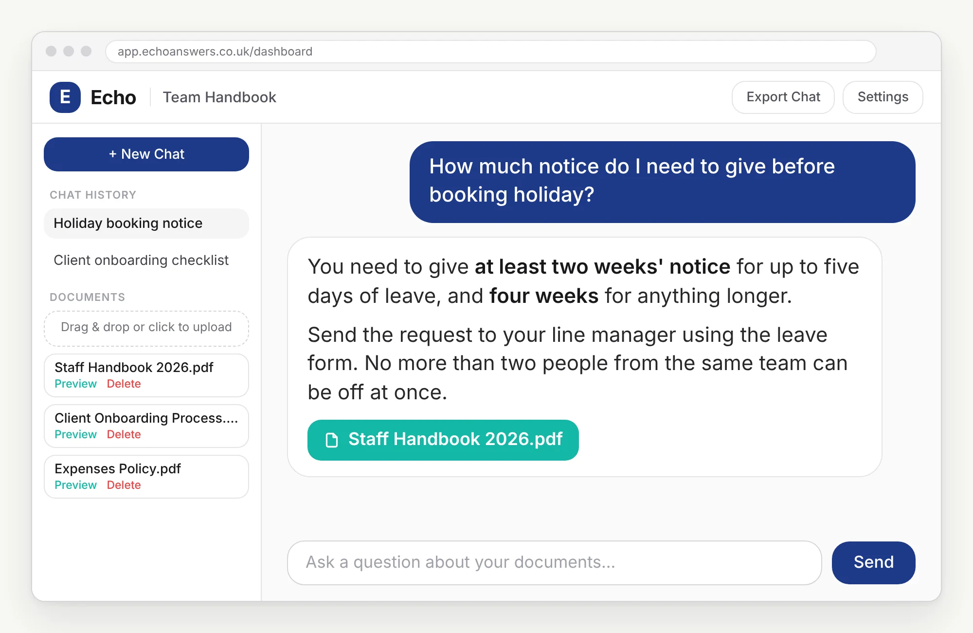 Echo answering a staff question with a link to the source document